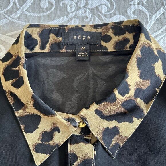 Edge Top Women M Black Leopard Gold Button Sheer Collar Office Party Maximalist - Picture 3 of 12